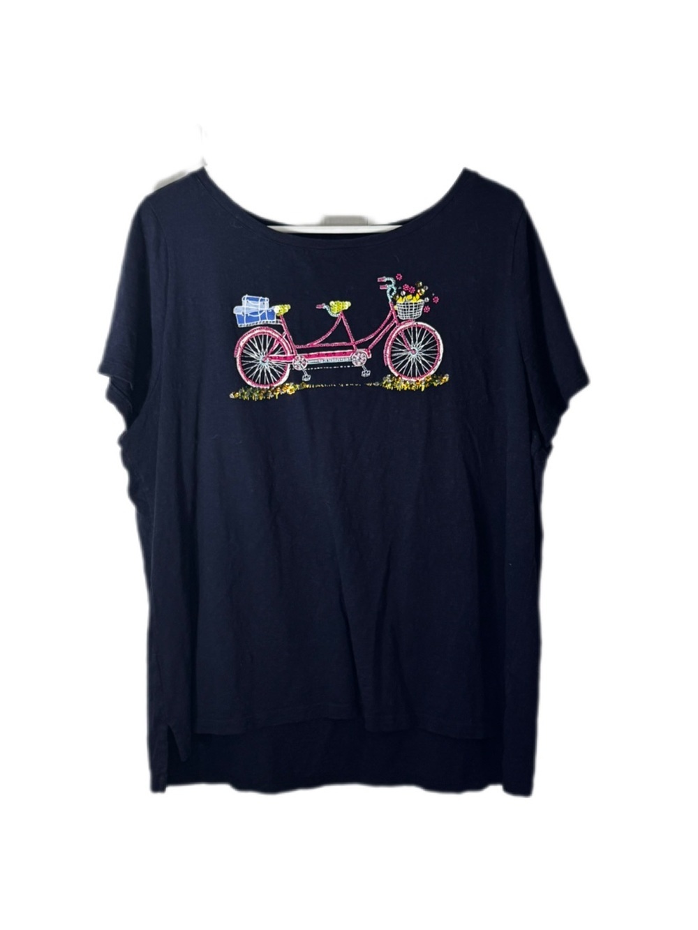 Talbots Navy Short-Sleeve Tee with Pink Bicycle Embroidered Motif